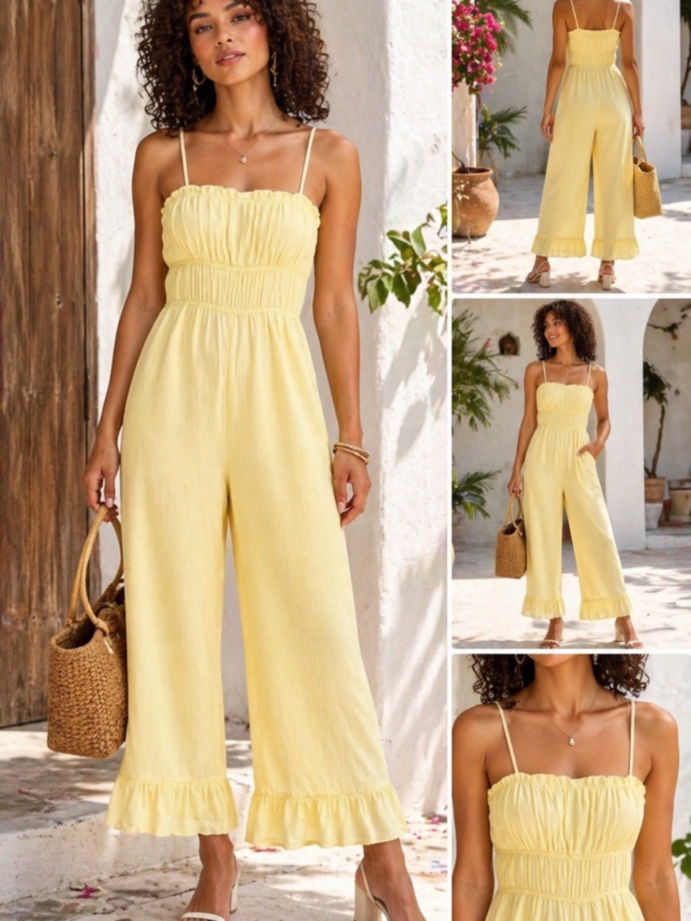 Majorelle Sylvan Yellow Smocked Wide Leg Jumpsuit Cottagecore Summer Size S